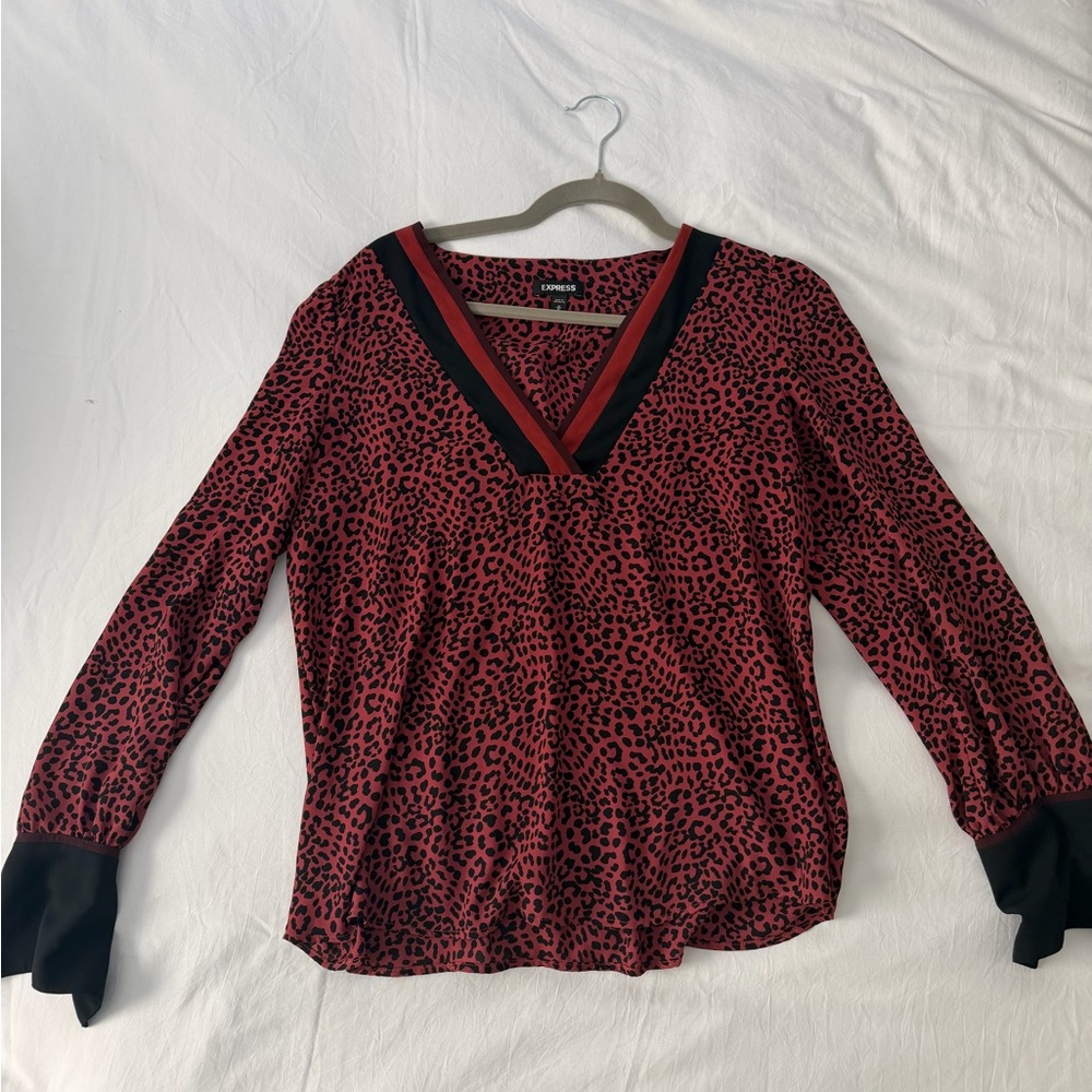 Express Red Leopard Print V-Neck Blouse with Black Trim